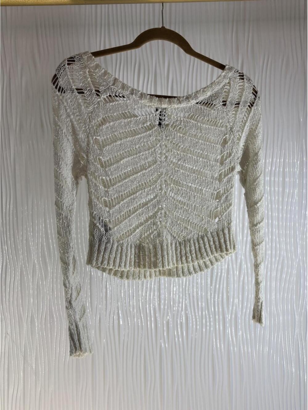 Marciano Open Stitch Cropped Sweater White Long Sleeve Knit Pullover Crochet XS